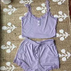 Women’s Size Extra Small Lavender Pajama Set With Lace Trim. Perfect Condition. Elastic Waist. Never Worn. Please See Photos For Measurements. The Tank Top Hop In The Shorts. Also Have Lis Trim On The Bottom Purple Pjs Aesthetic, 90s Pjs, Purple Pjs, Purple Sleepwear, Future Clothing, Purple Pajamas, Tank Top Shorts, Shorts Pajama Set, Lace Trim Tank Top