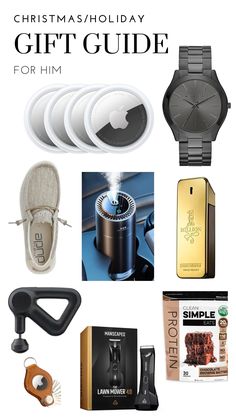 christmas gift guide for him with gifts in front of it and an image of a watch,