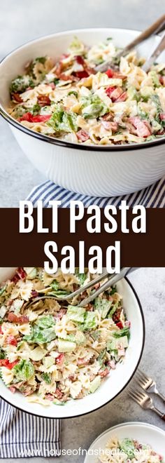 two plates filled with pasta salad on top of a table