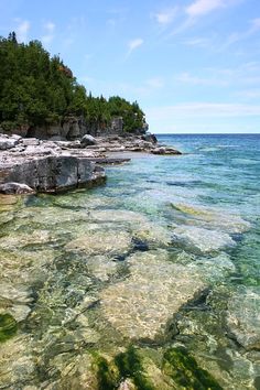 the water is crystal clear and there are rocks in the foreground with green algae growing on it