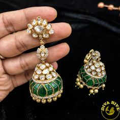 Super Gorgeous Moissanite Earing - Earring -Diva Exclusive, Earing, Earring, moissanite - Divahive Green Gemstone Temple Jewelry Earrings, Hand Set Green Fusion Earrings, Green Hand Set Fusion Earrings, Green Diamond Earrings With Intricate Design, Formal Green Hand Set Jhumkas, Nickel Free Jewelry, Carved Stone, Stone Carving, Jewelry Care