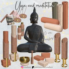 an image of a buddha statue surrounded by yoga and meditation items