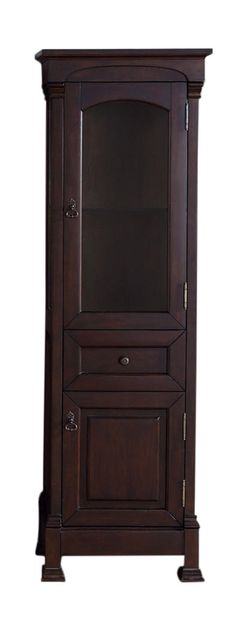 a wooden cabinet with glass doors on the top and bottom shelf, in dark wood