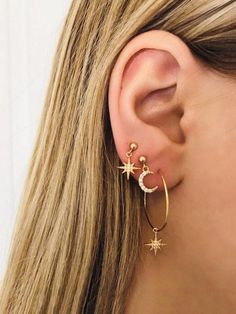 Star Piercing, Star Hoop Earrings, Circle Earrings Studs, Gauged Earrings, Classy Jewelry, Circle Studs, Moon Star, Body Piercing Jewelry