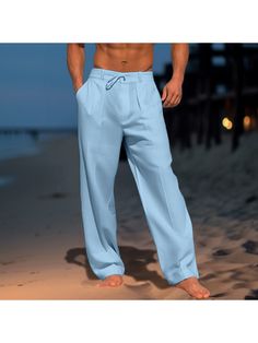 Men Linen Pants, Men's Beach Holiday Linen Pants Blue Cotton Beach Pants, Mens Flowy Beach Pants, Linen Wide-leg Pants For The Beach, Relaxed Linen Pants Men, Beach Linen Pants With Pull-on Style, Mens Linen Pants, Men Beach, Beach Holiday, Linen Pants