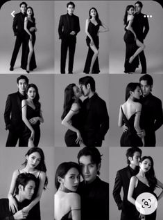 black and white photos of people in formal wear, posing for the camera with their arms around each other