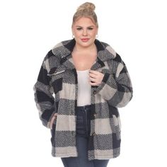 Stay trendy this fall with White Mark Women's Plaid Shacket! It features a soft plaid print, button closure, two flap front pockets and two side slit pockets for small storage. Made from a super-soft cozy fabric, White Mark Women's Plaid Shacket is the dream combination of an oversized flannel top and polyester jacket. Best paired with a plain top and high-waist jeans for a laidback, street style look. Size: 1X.  Color: Black.  Gender: female.  Age Group: adult. Plus Size Plaid, Plaid Shacket, Sports Blazer, White Mark, Matching Family Outfits, Family Outfits, Faux Fur Coat, Sweater Coats, Active Wear Tops