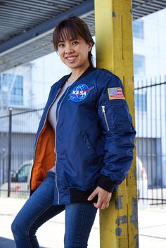 Style Name: Adult NASA JacketColor: Navy Description: Two embroidered patches: NASA, American Flag.Silk-screened NASA logo on lining. Fabric and Care: 100% NylonWater-resistantMachine Washable Sizes: S-XXXL Nasa Jacket, Nasa Logo, Logo Line, Private Label, Embroidered Patches, Nasa, Navy