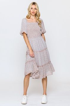 Balloon sleeve chiffon printed smocking tiered midi dress Tiered Midi Dress, Smocking, Balloons, Chiffon, Midi Dress, Floral