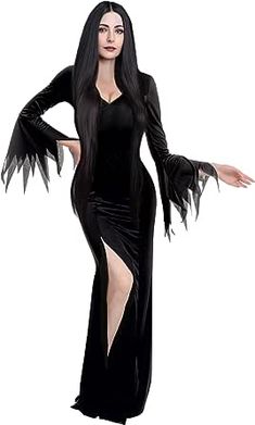 Gothic Theme Party, Witch And Vampire, Morticia Addams Dress, Black Witch Dress, Victorian Gothic Dress, Black Dress Halloween Costume, Vampire Cosplay, Easy Halloween Costumes For Women, Addams Dress