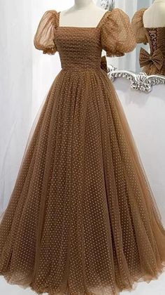 Brown Short Sleeve Long Formal Dress with White Dots  • prom dresses, prom gown, party dress, prom dress, evening dress, graduation dress, glitter prom dress, sparkly prom dress, shimmering prom dress, ball gown, homecoming dress, hoco, long prom dress Simple Frock Design, Long Frock Designs, Floral Frocks, Simple Frocks, Fest Outfits, Formal Dresses With Sleeves, Frock For Women, Long Formal Dress