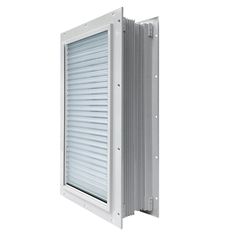 a white wall mounted air conditioner with the door open and shutters closed to let light in