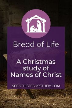 a purple sign with the words bread of life on it and a nativity scene