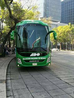 a green bus is parked on the street