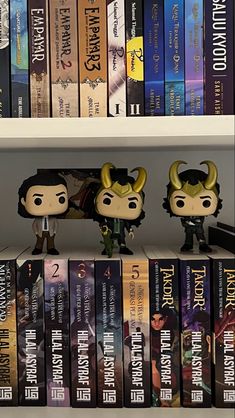 the bookshelf is filled with harry potter action figures