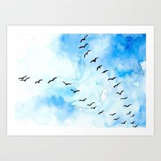 a watercolor painting of birds flying in the sky with blue and white clouds behind them