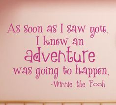 a pink wall with a quote on it that says as soon as i saw you, i knew an adventure was going to happen