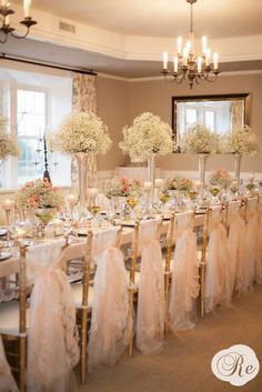 the wedding table is set with flowers and candles