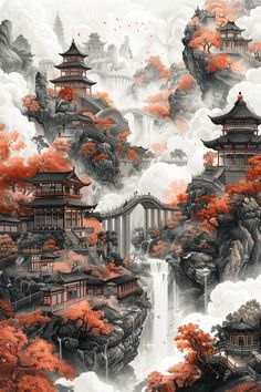 Asian Scenery, Diner Aesthetic, Chinese Artwork, Japan Landscape, Japanese Watercolor, Fantasy Art Landscapes, Landscape Wallpaper, Fantasy Artwork, Fantasy Landscape