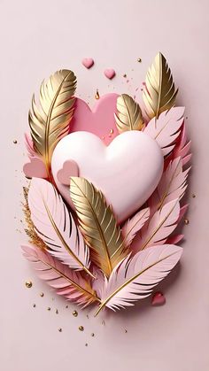 two pink hearts surrounded by gold leaves and confetti