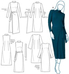 the front and back view of a women's dress with long sleeves, asymmetric