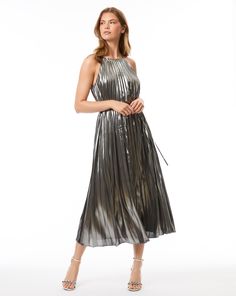 Fashioned from foiled chiffon, this diva-worthy midi dress is the ultimate radiance booster, catching the light—and everyone’s attention—with full-length pleated panels. Jumpsuit Jacket, Pleated Midi Dress, Shop Ideas, Metallic Dress, Fall Collections, Dress 100, Outerwear Coats, Sweater Skirt, The Light