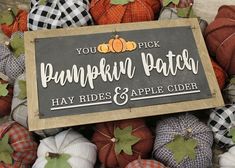 a sign that says you pick pumpkin patch hay rides and apple cider on it