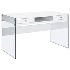 a white desk with two drawers and glass doors on the bottom shelf, against a white background