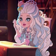 an animated image of a princess sitting at a desk with her hand up to her face