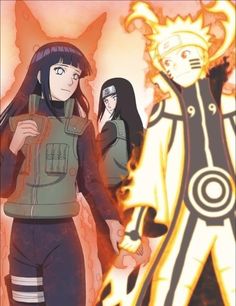 two anime characters standing next to each other with flames in the air behind their backs