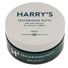 Harry’s Texturizing Putty is a dense yet supple putty that’s not tacky or sticky like some pastes can be. The immediate texture and lasting definition give you control over your hair throughout the day. Bonus: despite the added conditioning ingredients, it never feels greasy in your hair. Now, for how to use this stuff: Rub a dab between hands to soften. Smooth through towel-dry or dry hair. Shape and style to your heart’s content. Malleable hold, matte finish Adds subtle definition without stic Hair Shape, Washable Markers, Hole Punches, Hair Gel, Disposable Tableware, Dry Hair, Food Storage Containers, Medical Supplies, Natural Organic