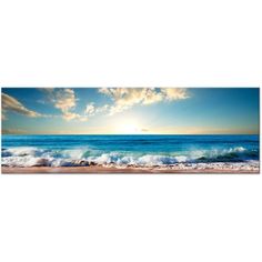 an ocean scene with waves crashing on the beach and clouds in the sky above it