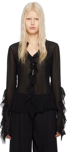 Sheer polyester chiffon blouse. Ruffled trim throughout. · Paneled construction · V-neck · Button closure · Button fastening at vented cuffs Supplier color: Black Formal V-neck Blouse With Ruffles, Formal V-neck Chiffon Blouse, Formal Chiffon V-neck Blouse, Formal Chiffon Blouse With Ruffles, Evening V-neck Chiffon Blouse, Evening V-neck Blouse With Ruffles, Black Ruffle Blouse, Scarf Blouse, Perfect Blouse