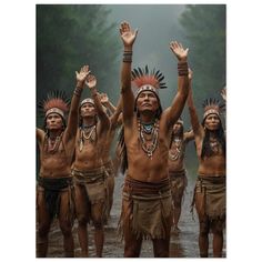 native american dancers in the rain with their arms up and hands raised to the sky