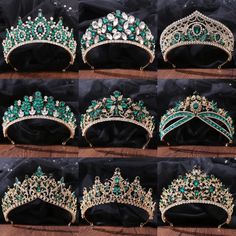 several tiaras are lined up in rows on a wooden surface with black fabric behind them