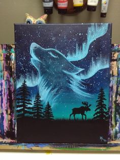 a painting of a wolf in the night sky