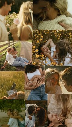 the collage shows two people hugging and kissing each other in front of yellow flowers