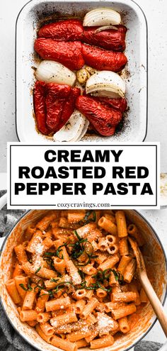 creamy roasted red pepper pasta in a white pan