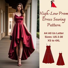 a woman in a red dress with high low - low prom dress sewing pattern on it