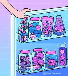 a person holding a shelf filled with jars and flowers