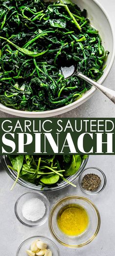 garlic sauteed spinach in a bowl with spices and seasonings on the side