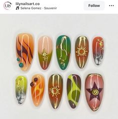 Sun On Nails, Sun Inspired Nails, Nails With Sun, Sun Nails Design, Sun Nails, Solar Nails, Green Nails, Nude Nails, Almond Nails