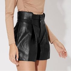 Wdirara Women's High Waisted Pu Leather Shorts Roll Hem Shorts Size L Fabric Type 100% Polyurethane Trendy Faux Leather Bottoms With Built-in Shorts, Edgy High-waisted Shorts With Belt Loops, Edgy Fall Shorts With Belt Loops, Fitted Faux Leather Shorts For Summer, Trendy High Waist Faux Leather Shorts, Trendy High-waist Faux Leather Shorts, High-waisted Shorts With Belt Loops For Party, Party High-waisted Shorts With Belt Loops, Faux Leather Bottoms With Belt Loops, Short Length