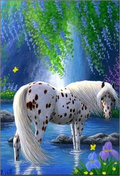 a painting of a white horse standing in the water with flowers around it's neck