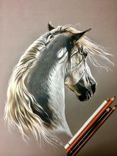 a drawing of a horse's head with long blonde hair and eyes, holding two pencils in its mouth