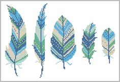 the cross stitch pattern shows four different colored feathers, one with blue and green colors