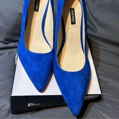 Brand New Nine West Cara Pump Blue Casual Blue Almond Toe Heels, Blue Closed Toe Heels With Branded Insole, Blue Suede Casual Heels, Cheap Blue Heels With 4-inch Heel, Blue Slingback Pumps With 4-inch Heel For Evening, Light Blue Pointed Toe Heels With 4-inch Heel, Nine West Heels, Denim Heels, Yellow 4-inch Heel Synthetic Heels