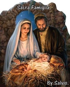 a painting of jesus and mary in the manger with baby jesus on his lap