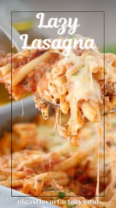 a spoon full of lasagna being lifted from a casserole dish with text overlay