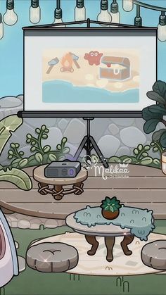 an animated screen is in the middle of a room with plants and potted plants